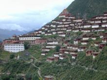 Buildings in the Peyul Monastery complex dotting a green hillside